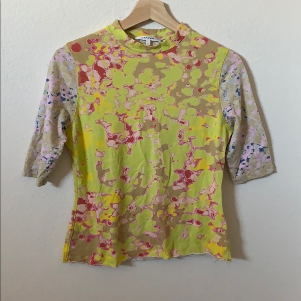 Carven Abstract Print Green Fitted Blouse with Mandarin Collar